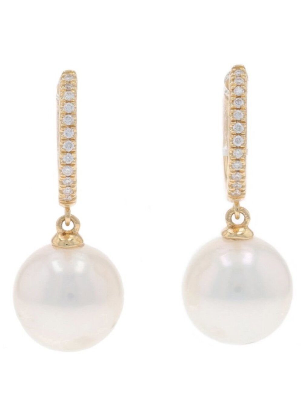 Yellow Gold Diamond Cultured Freshwater Pearl Hoop Earrings 14k Round Pierced